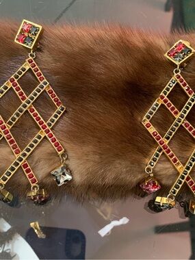 Vintage Gold Lattice Drop Earrings with Red and Black Crystals